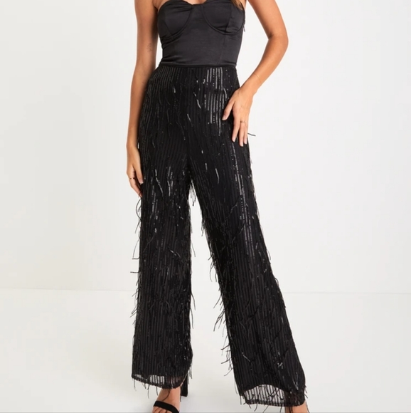 Shimmery Aura Black Sequin Fringe High Rise Wide-Leg Pants - Picture 1 of 12